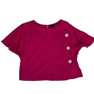 Kenzie Women‎ Medium 100% Linen Button Detail Short Sleeve Crop Top Hot Pink